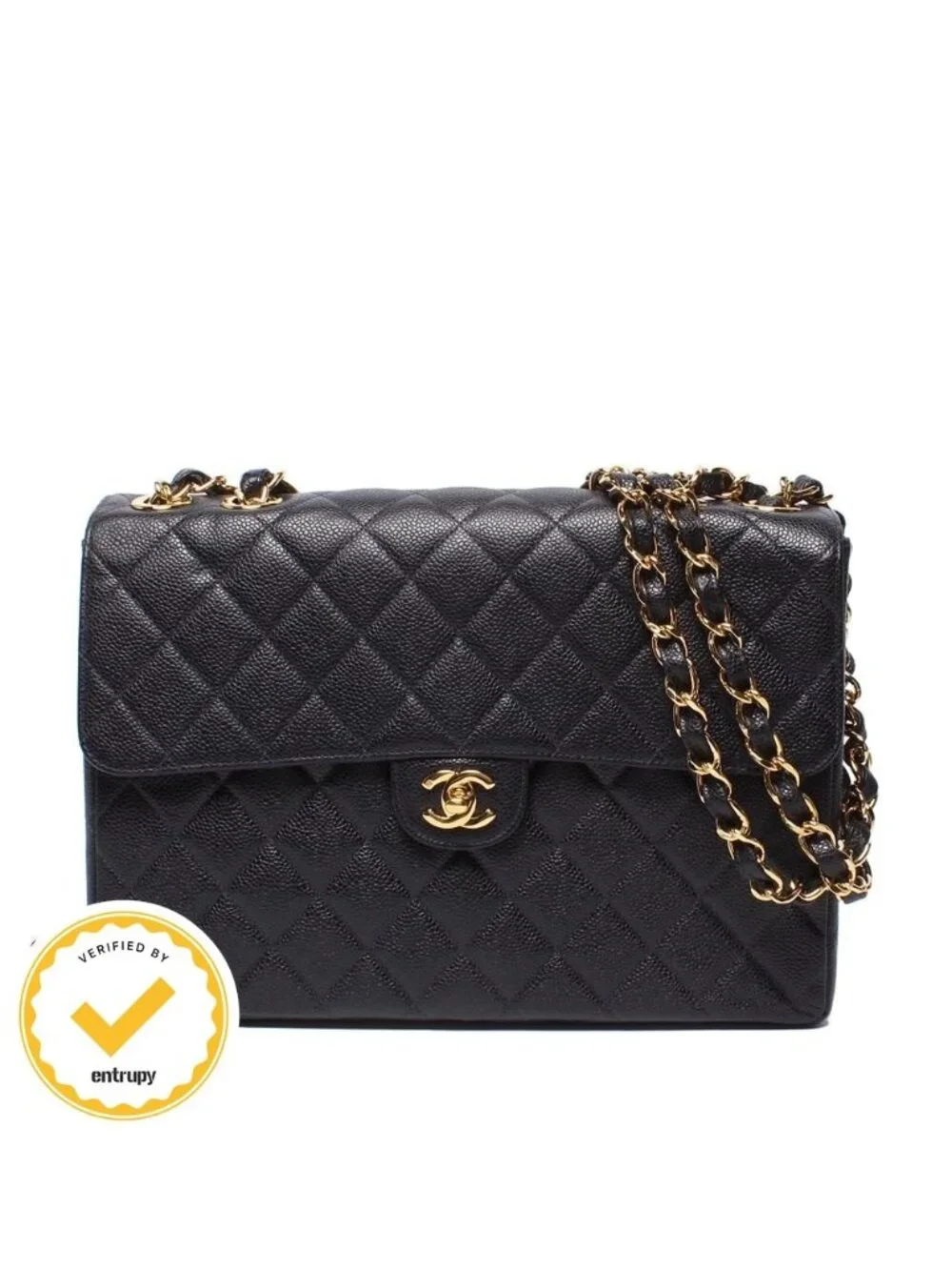 Chanel Chain Shoulder Bag Quilted Caviar Leather Gold Double